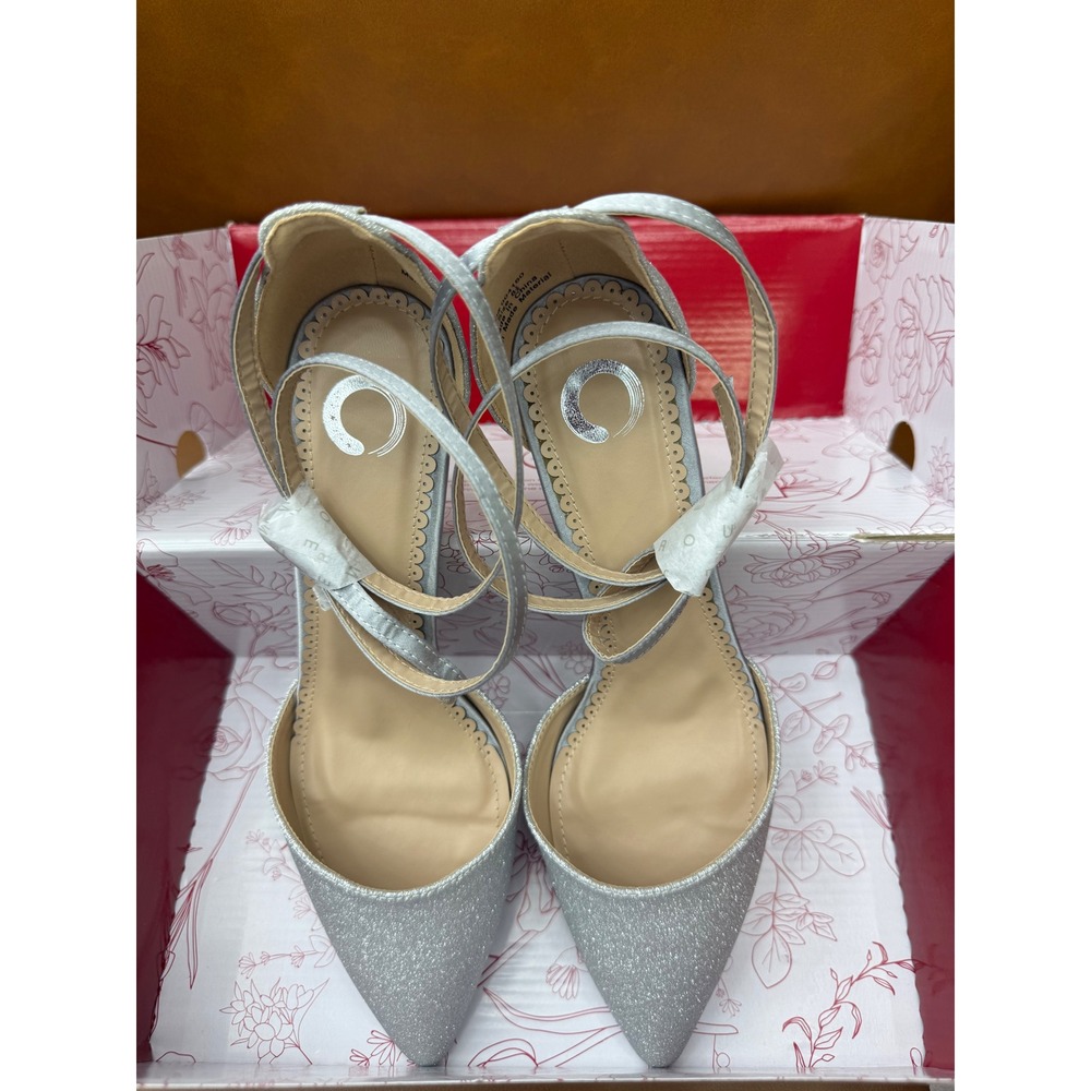 Journee Luela Pumps Women 8.5 Silver New Glitter Ankle Strap Pointed Toe Heels - Picture 3 of 9